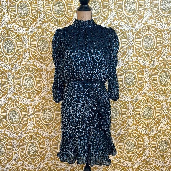 NWT Shoshanna Cassia Dot Velvet Burnout Long Sleeve Mini Dress in Jet/Olive Sz 4 - Picture 7 of 16